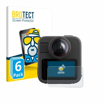 Front side of a product packaging with the brand logo BROTECT. Next to it is the device GoPro Max 2 shown with the correspondi