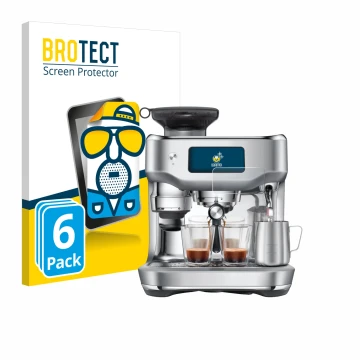 Front side of a product packaging with the brand logo BROTECT. Next to it is the device Sage the Oracle Dual Boiler shown with
