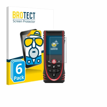 Front side of a product packaging with the brand logo BROTECT. Next to it is the device Leica DISTO X3 shown with the correspo