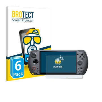 Front side of a product packaging with the brand logo BROTECT. Next to it is the device GPD Win 5 shown with the corresponding