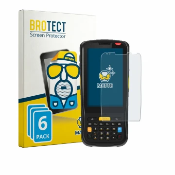 Front side of a product packaging with the brand logo BROTECT. Next to it is the device Newland MT65 Beluga V shown with the c