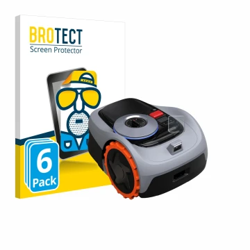 Front side of a product packaging with the brand logo BROTECT. Next to it is the device Navimow i105E+ shown with the correspo