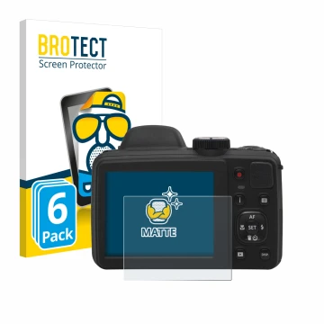 Front side of a product packaging with the brand logo BROTECT. Next to it is the device Kodak Pixpro AZ405 shown with the corr