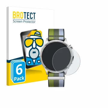 Front side of a product packaging with the brand logo BROTECT. Next to it is the device Oppo Watch S shown with the correspond
