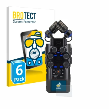 Front side of a product packaging with the brand logo BROTECT. Next to it is the device Zoom H6 studio shown with the correspo