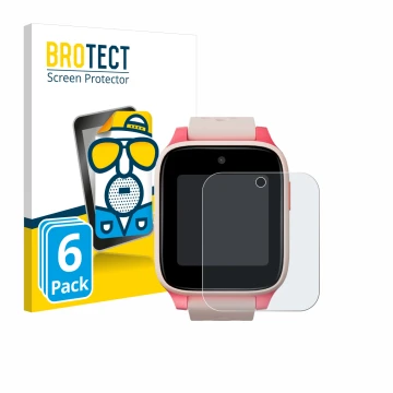 Front side of a product packaging with the brand logo BROTECT. Next to it is the device TCL Movetime Kids Watch MT46 shown wit