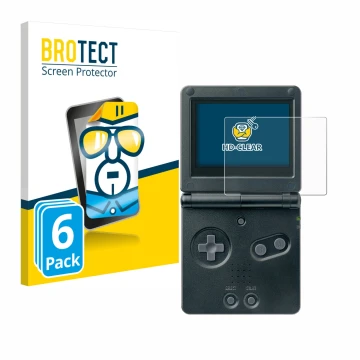 Front side of a product packaging with the brand logo BROTECT. Next to it is the device Nintendo Gameboy Advance GBA SP shown 