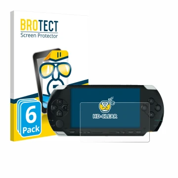 Front side of a product packaging with the brand logo BROTECT. Next to it is the device Sony PSP 1000 shown with the correspon