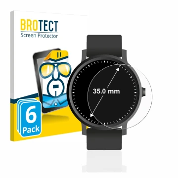 Front side of a product packaging with the brand logo BROTECT. Next to it is the device Watches (Circular, ø: 35 mm) shown wit