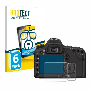 Front side of a product packaging with the brand logo BROTECT. Next to it is the device Canon EOS 5D Mark II shown with the co
