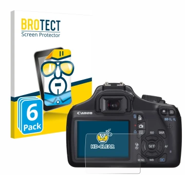 Front side of a product packaging with the brand logo BROTECT. Next to it is the device Canon EOS 1100D shown with the corresp