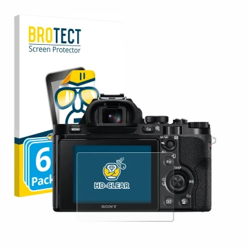 Front side of a product packaging with the brand logo BROTECT. Next to it is the device Sony Alpha 7 (ILCE-7) shown with the c