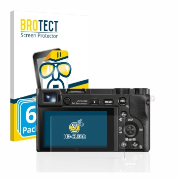 Front side of a product packaging with the brand logo BROTECT. Next to it is the device Sony Alpha 6000 shown with the corresp