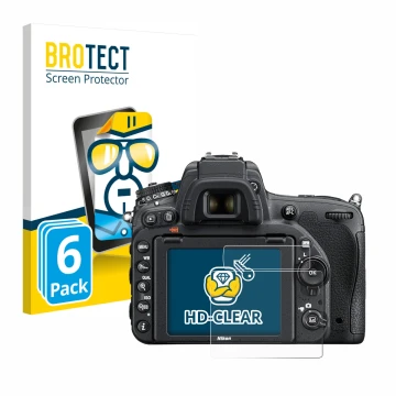 Front side of a product packaging with the brand logo BROTECT. Next to it is the device Nikon D750 shown with the correspondin