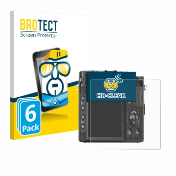 Front side of a product packaging with the brand logo BROTECT. Next to it is the device Fujifilm X10 shown with the correspond
