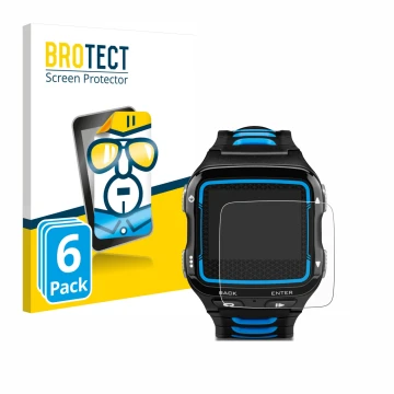 Front side of a product packaging with the brand logo BROTECT. Next to it is the device Garmin Forerunner 920XT shown with the