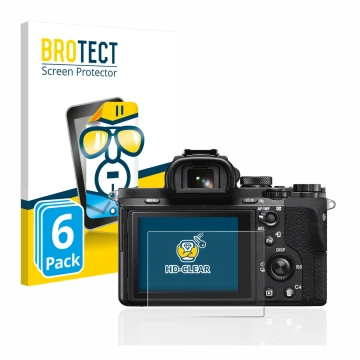 Front side of a product packaging with the brand logo BROTECT. Next to it is the device Sony Alpha 7 II (ILCE-7M2) shown with 