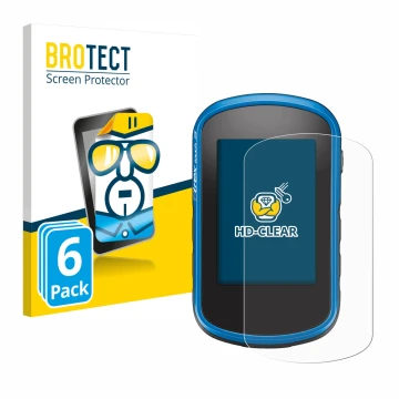 Front side of a product packaging with the brand logo BROTECT. Next to it is the device Garmin eTrex Touch 35 shown with the c