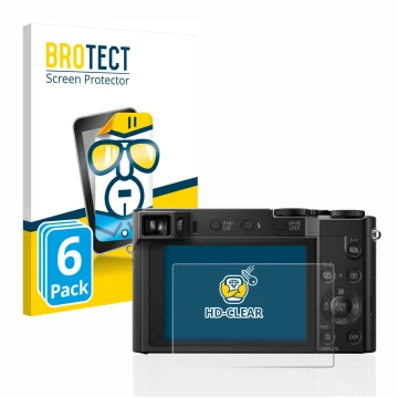 Front side of a product packaging with the brand logo BROTECT. Next to it is the device Panasonic Lumix DMC-TZ101 shown with t