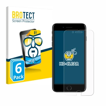 Front side of a product packaging with the brand logo BROTECT. Next to it is the device Apple iPhone 7 Plus shown with the cor
