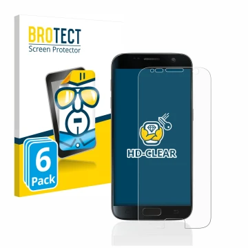 Front side of a product packaging with the brand logo BROTECT. Next to it is the device Samsung Galaxy S7 shown with the corre