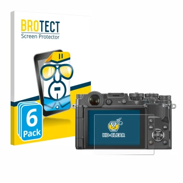 Front side of a product packaging with the brand logo BROTECT. Next to it is the device Olympus PEN-F shown with the correspon