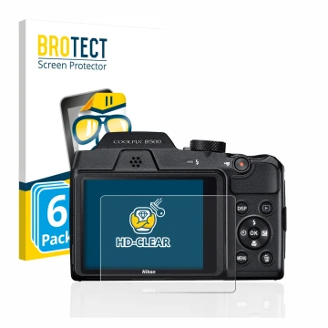 Front side of a product packaging with the brand logo BROTECT. Next to it is the device Nikon Coolpix B500 shown with the corr