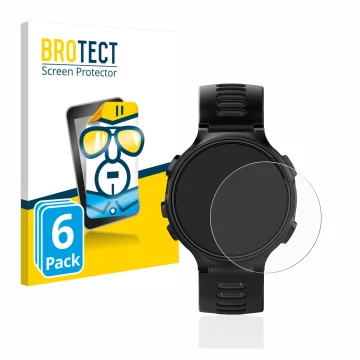 Front side of a product packaging with the brand logo BROTECT. Next to it is the device Garmin Forerunner 735XT shown with the
