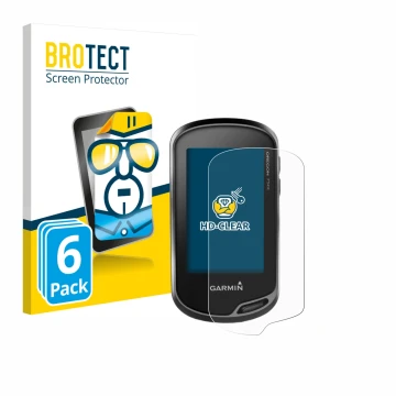 Front side of a product packaging with the brand logo BROTECT. Next to it is the device Garmin Oregon 750t shown with the corr