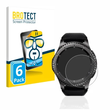 Front side of a product packaging with the brand logo BROTECT. Next to it is the device Samsung Gear S3 Frontier shown with th