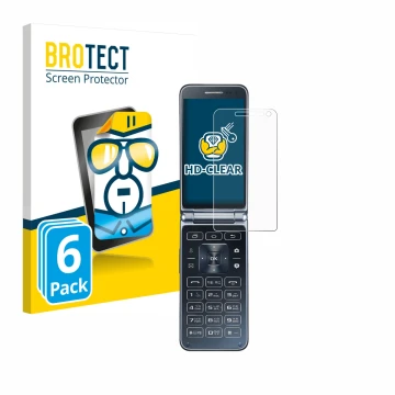 Front side of a product packaging with the brand logo BROTECT. Next to it is the device Samsung Galaxy Folder 2 shown with the