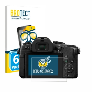 Front side of a product packaging with the brand logo BROTECT. Next to it is the device Panasonic Lumix DMC-G81 shown with the