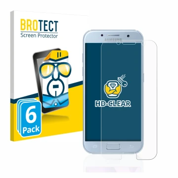 Front side of a product packaging with the brand logo BROTECT. Next to it is the device Samsung Galaxy A5 2017 shown with the 
