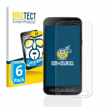 Front side of a product packaging with the brand logo BROTECT. Next to it is the device Samsung Galaxy XCover 4 shown with the