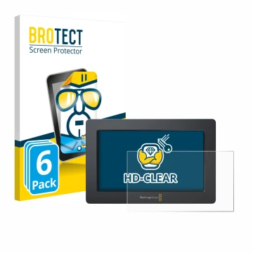 Front side of a product packaging with the brand logo BROTECT. Next to it is the device Blackmagic Design Video Assist (5.0) s