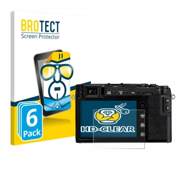 Front side of a product packaging with the brand logo BROTECT. Next to it is the device Fujifilm X-E3 shown with the correspon