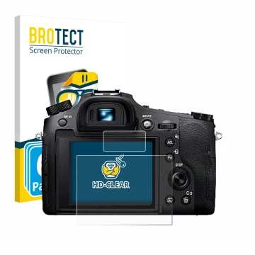 Front side of a product packaging with the brand logo BROTECT. Next to it is the device Sony Cyber-Shot DSC-RX10 IV shown with
