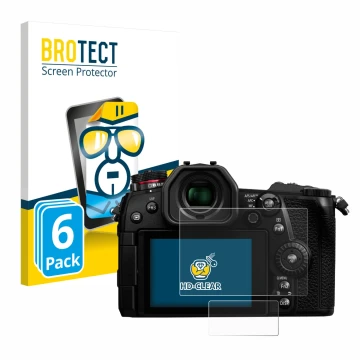 Front side of a product packaging with the brand logo BROTECT. Next to it is the device Panasonic Lumix DC-G9 shown with the c