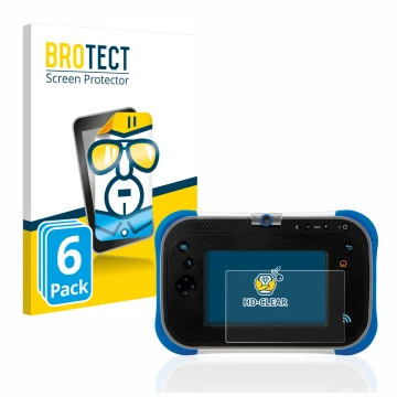 Front side of a product packaging with the brand logo BROTECT. Next to it is the device Vtech Storio Max 2.0 shown with the co