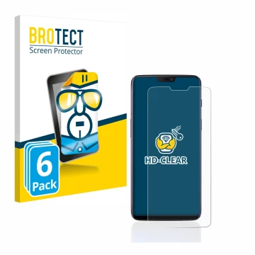 Front side of a product packaging with the brand logo BROTECT. Next to it is the device OnePlus 6 shown with the corresponding