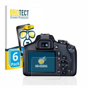 Front side of a product packaging with the brand logo BROTECT. Next to it is the device Canon EOS 2000D shown with the corresp