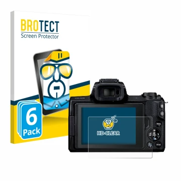 Front side of a product packaging with the brand logo BROTECT. Next to it is the device Canon EOS M50 shown with the correspon