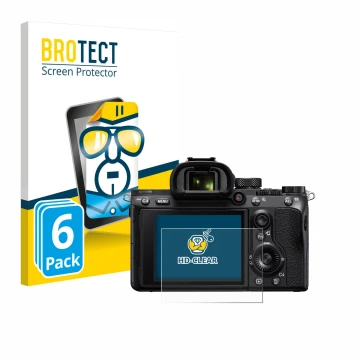 Front side of a product packaging with the brand logo BROTECT. Next to it is the device Sony Alpha 7 III (ILCE-7M3) shown with