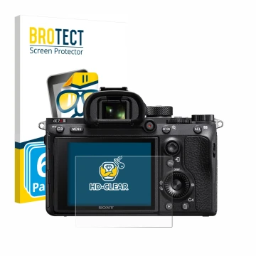 Front side of a product packaging with the brand logo BROTECT. Next to it is the device Sony Alpha 7R III shown with the corre