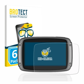 Front side of a product packaging with the brand logo BROTECT. Next to it is the device TomTom Rider 550 shown with the corres
