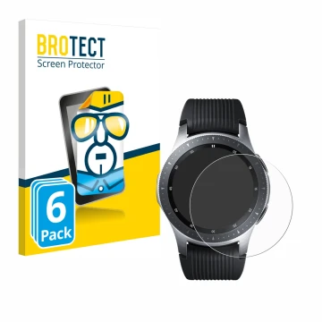 Front side of a product packaging with the brand logo BROTECT. Next to it is the device Samsung Galaxy Watch (46 mm) shown wit