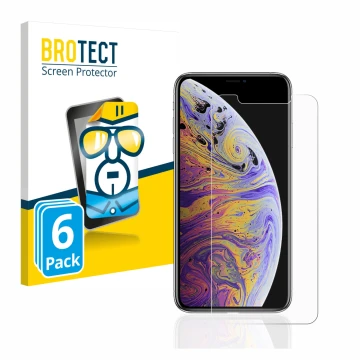 Front side of a product packaging with the brand logo BROTECT. Next to it is the device Apple iPhone Xs Max shown with the cor