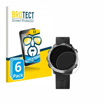Front side of a product packaging with the brand logo BROTECT. Next to it is the device Garmin Forerunner 645 Music shown with
