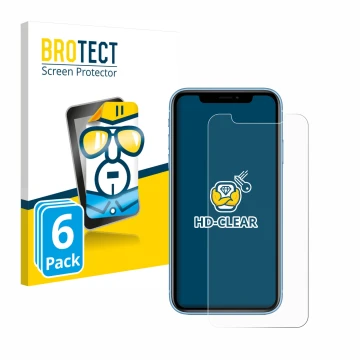Front side of a product packaging with the brand logo BROTECT. Next to it is the device Apple iPhone XR shown with the corresp
