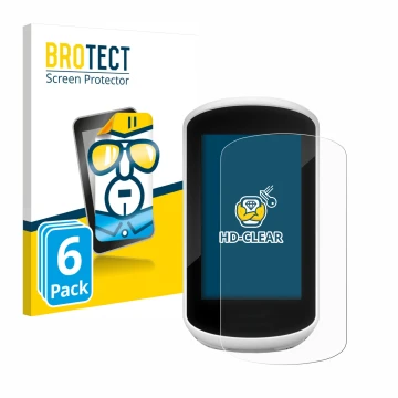 Front side of a product packaging with the brand logo BROTECT. Next to it is the device Garmin Edge Explore 2018 shown with th